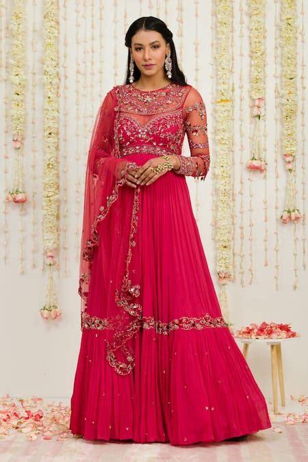 Buy Red Georgette And Net Lining Shantoon Embroidery Mirror Anarkali