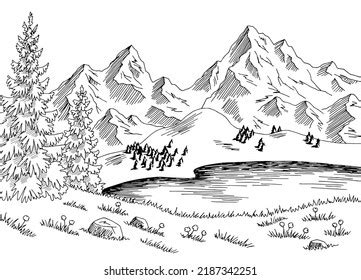 Mountain Lake Graphic Black White Landscape Stock Vector (Royalty Free ...