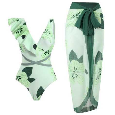 IDOPIP Women S One Piece Swimsuit With Beach Cover Up Wrap Skirt Floral Sexy Bikini Sets Two