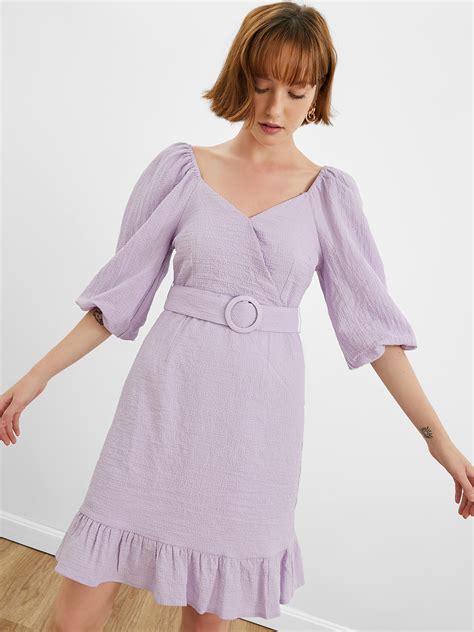 Ribbed Half Sleeve With Belt Mini Dress Purple Pomelo Fashion