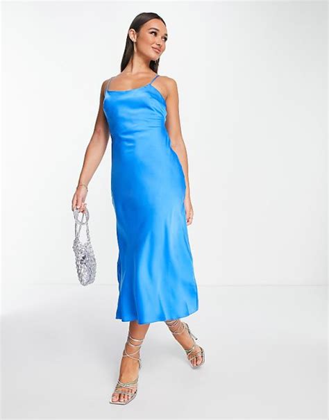 Asos Design Bias Cut Midi Dress With Back Strap Detail In Bright Blue