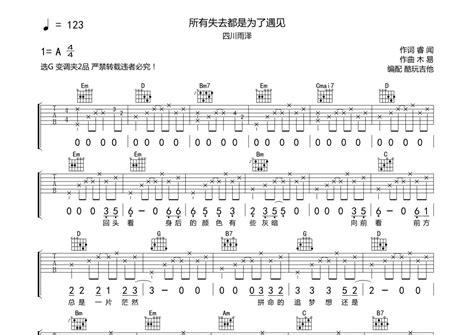 四川雨泽《所有失去都是为了遇见》吉他谱 G调弹唱六线谱 琴魂网