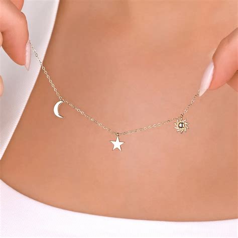 14k Solid Gold Moon Sun Star Necklace Moon Star Minimal Moon Etsy