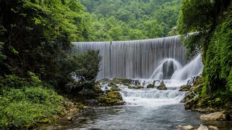 Landscape View Of Waterfalls Pouring On River Trees Bushes Forest