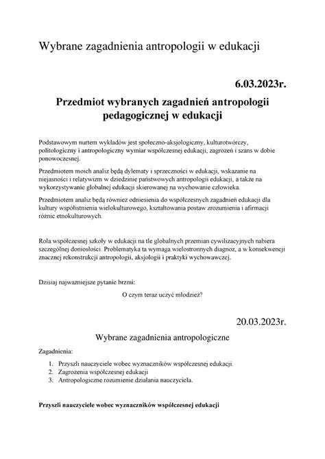 Wybrane Zagadnienia Antropologii W Edukacji Przedmiot Wybranych