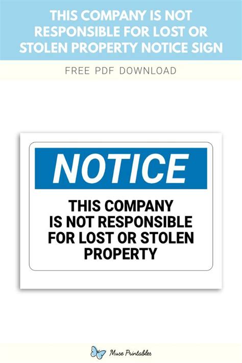 Printable "This Company Is Not Responsible For Lost Or Stolen Property ...