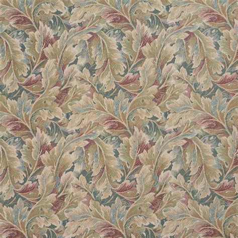 Burgundy And Green Floral Leaf Tapestry Upholstery Fabric By The Yard