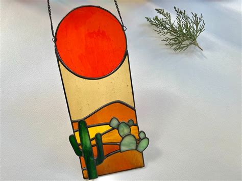 Desert Sunset Landscape With Cactus Stained Glass Suncatcher Cactus Glass Decor Etsy