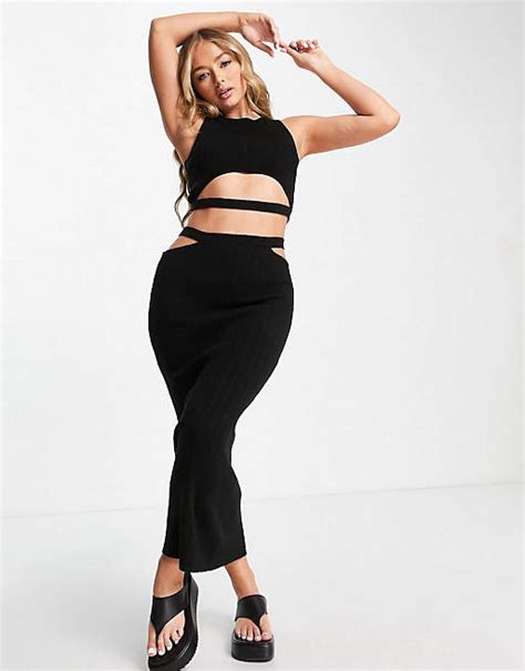 Asos Design Knit Midi Skirt And Top With Cut Out Strap Detail Set In Black Asos