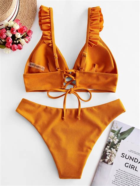 Zaful Textured Ruffle Lace Up Bikini Swimsuit Caramel Deep Green Light