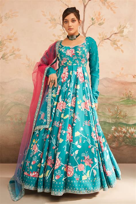 Buy Blue Georgette Printed Floral Sweetheart Pattern Anarkali Pant Set