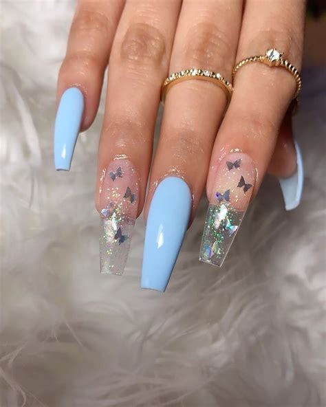 Butterfly Glitter Blue Nails💕 In 2020 Pretty Acrylic Nails Spring