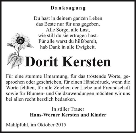 Traueranzeigen Von Dorit Kersten Abschied Nehmen De