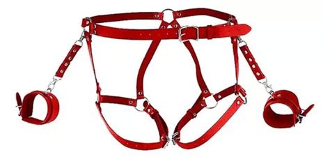 Arreio Harness Lingerie Bdsm Couro Vermelho Algemas Laterais