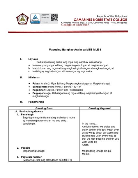 Mtb Mle Lesson Plan Masusing Banghay Aralin Sa Mtb Mle I Layunin