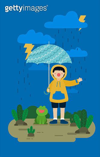 Girl Wearing Raincoat Holding Umbrella In Rainy Day Vector