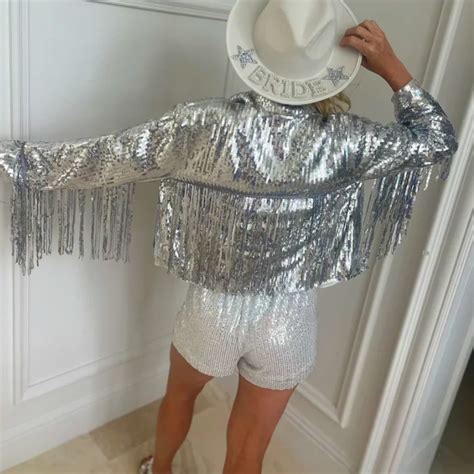 New Silver Sequin Fringe Cowgirl Jacket Gem