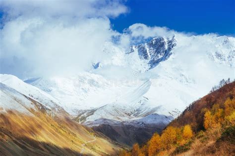 Golden Autumn Landscape between the Rocky Mountains in Georgia. Malvnychi Snow-capped Peaks ...