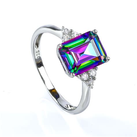 Emerald Cut Mystic Topaz Silver Ring