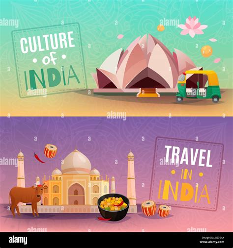 Culture Of India Horizontal Banners Set With Taj Mahal And Lotus Temple