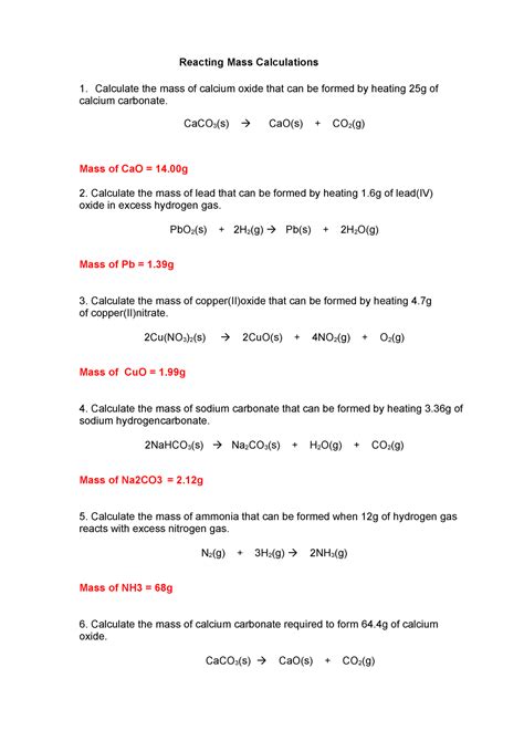 Mole Calculations 03 Answers Reacting Mass Calculations Calculate The Mass Of Calcium