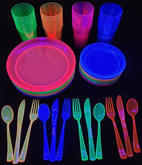 BarkinByrd 192 Piece Neon Black Light Party Service Set Serves 32 ...