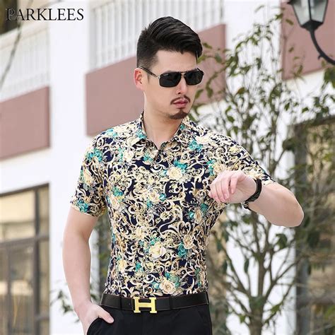 Green Floral Shirt Men Brand New Gold Bronzing Mens Dress Shirts