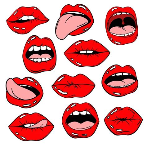 Set Of Female Lips Stickers In Pop Comic Style Vector Image By