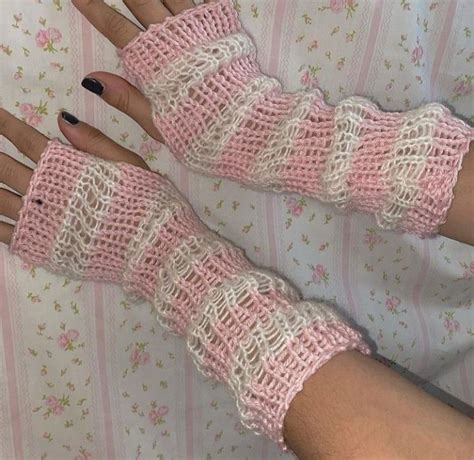 Pink And White Striped Crochet Hand Warmers Crochet Hand Warmers