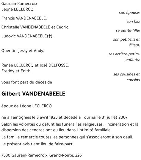 Avis De Décès De Gilbert Vandenabeele Décédé Le 31 07 2007 à Tournai