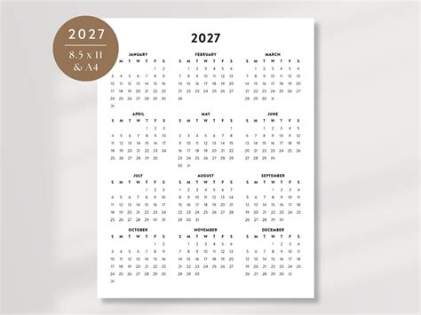 2027 Calendar, Printable 2027 Planner, 2027 Desk Calendar, Letter 8 ...