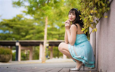 Pictures Brunette Girl Bokeh Posing Female Asian Sitting 3840x2400