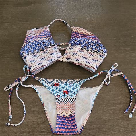 Swim Colorful Patterned Adjustable String Bikini And Halter Top Set Poshmark