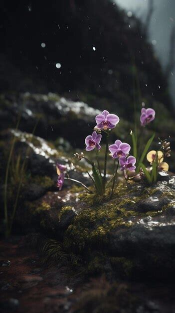 Ein digitales gemälde von blumen auf einem felsen auf den regen fällt