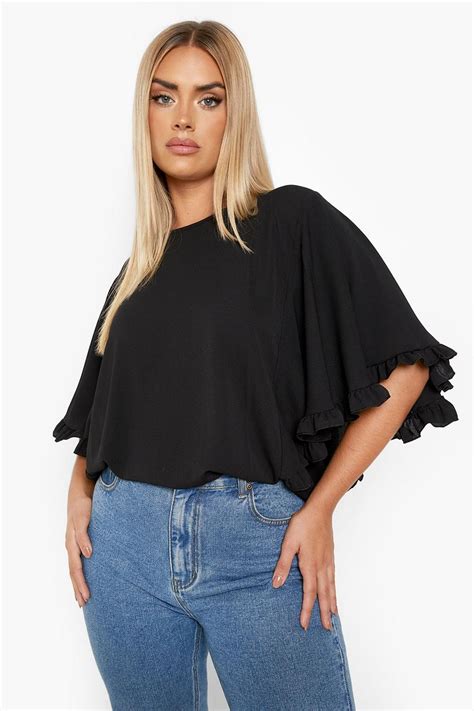 Womens Black Plus Angel Sleeve Ruffle Smock Top Boohoo Uk