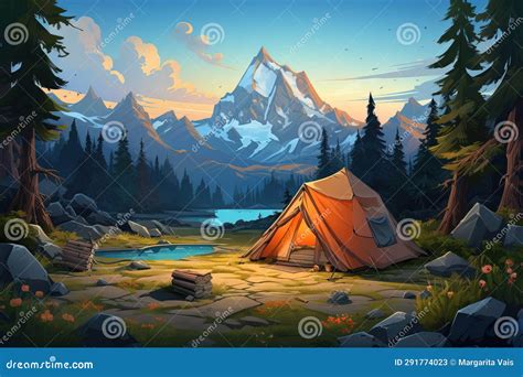 Cartoon Style Illustration Mountain Valley Landscape with Orange Camping Tent in Forest Evening ...