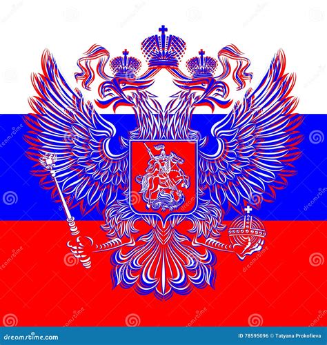 Russian Double Headed Eagle Coat Of Arms On The Background Of The Flag