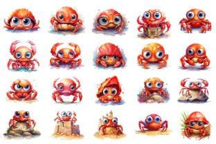 Watercolor Cute Baby Red Crabs Clipart Graphic By DesignScotch