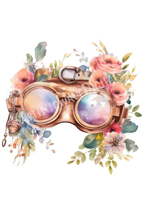 Steampunk Goggles Clipart Spring Flowers Watercolor Floral Clipart Png