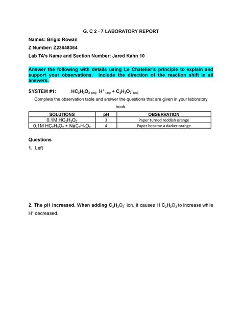 Chem Lab Calculations G C Laboratory Report Names Brigid