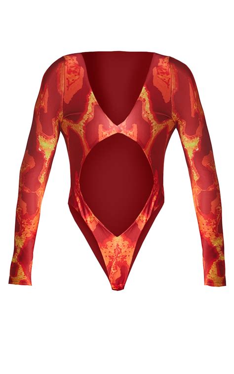 Orange Fiery Leopard Tie High Leg Long Sleeve Swimsuit