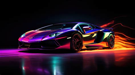 Aerodynamic silhouette, Lamborghini Aventador, neon hues, contrasting midnight backdrop