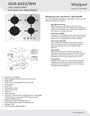 Whirlpool Goa Wh Hob Product Data Sheet Manualzz