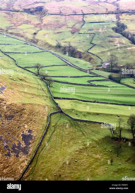 Meadows And Dry Stone Walls Rise Up The Hillside At Gordale Scar Malham