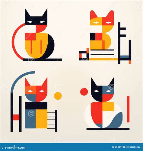 Vibrant Abstract Cat Logo Set In De Stijl Style Stock Illustration