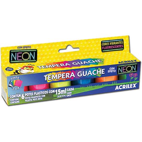 Tinta Guache 15 Ml C 6 Cores Neon 01006 Acrilex PT 1 UN Escolar Kalunga