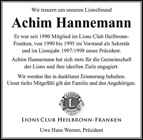 Traueranzeigen Von Achim Hannemann Trauerundgedenken De