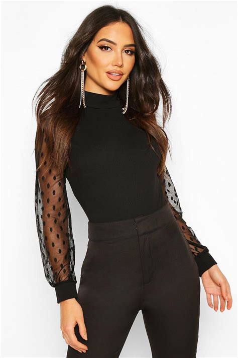 Polka Dot Mesh Sleeve High Neck Bodysuit Boohoo Au