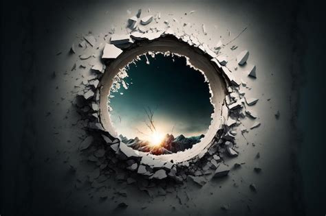 A hole in a wall that has a sunset in the background. | Premium AI ...