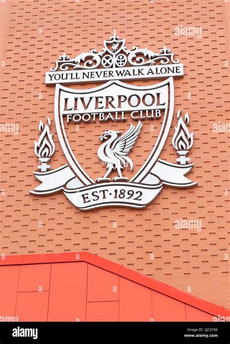 Lfc Club Crest On Wall Of Main Stand Anfield Stadium Liverpool